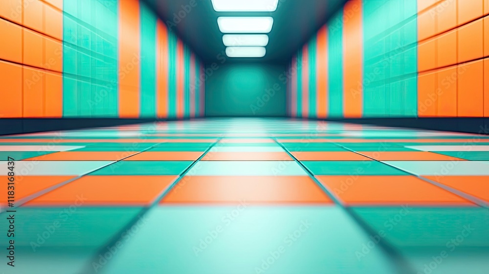Aufkleber Floor abstract background concept. Vibrant corridor with colorful tiles and walls, creating a modern and dynamic atmosphere.