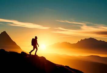 active top person majestic silhouette traveler mountain hiking sunrise landscape adventure hill nature backpack sky rock tour tourism peak lifestyle forest outdoors journey illustration