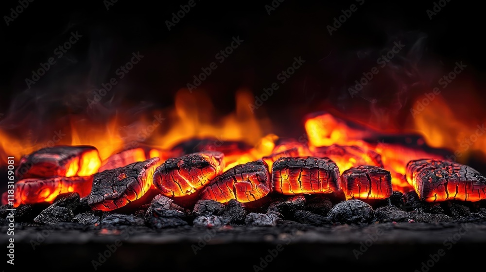 Poster Fire abstract background concept. Glowing charcoal embers with flames, creating warmth and inviting grill atmosphere.