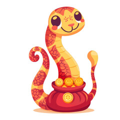 Fototapeta premium A cartoon snake with large eyes and a happy expression sitting on a pot full of gold coins.