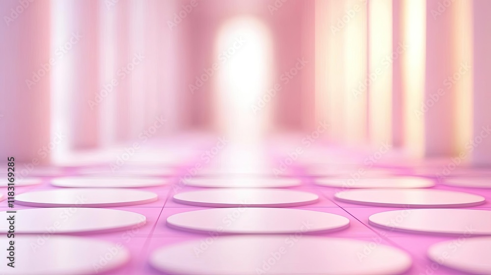 Poster Floor abstract background concept. Abstract view of a minimalist corridor with circular tiles and soft lighting effects.