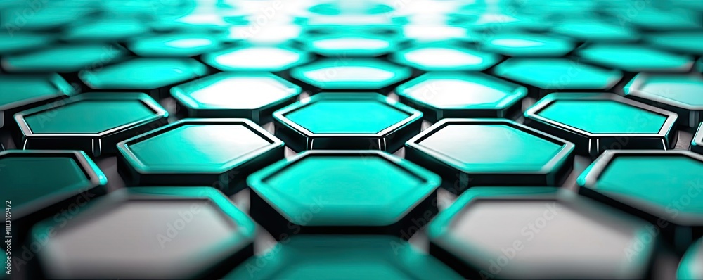 Poster Floor abstract background concept. Close-up view of a modern hexagonal pattern with a vibrant turquoise hue.