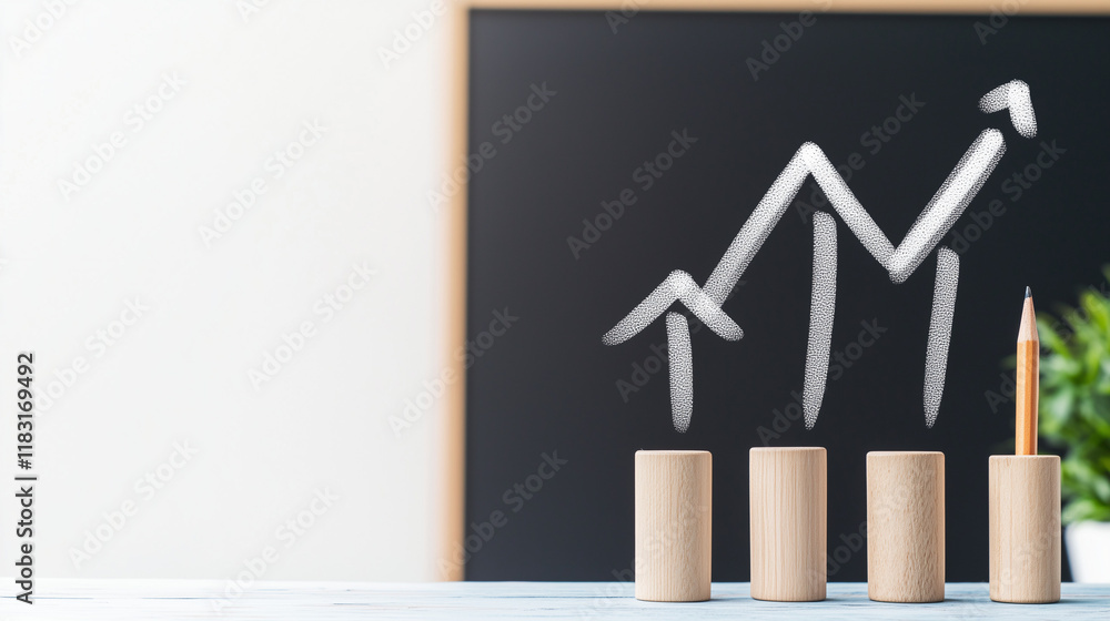 Poster growth trajectory: visualizing upward trend with pencil and graph on blackboard