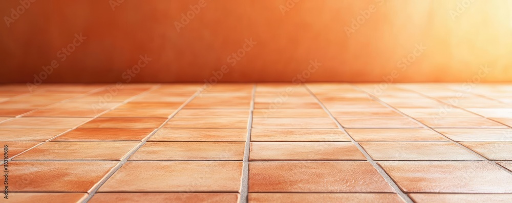 Poster Floor abstract background concept. A close-up view of a tiled floor with warm orange background hue.