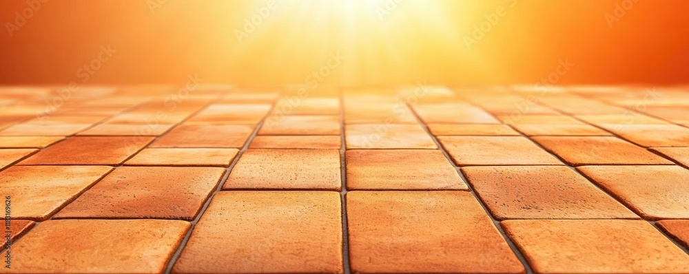 Poster Floor abstract background concept. A warm, sunlit tiled floor with a vibrant orange background creating a serene atmosphere.