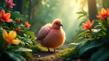 Pink Fluffy Bird Among Vibrant Flowers In A Forest