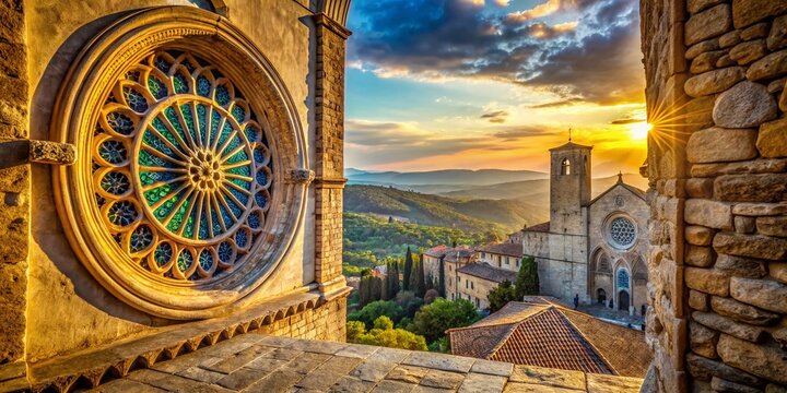 Majestic Rose Window of Todi Cathedral, Umbria, Italy:  Gothic Architecture, Sunlight, Medieval Stonework