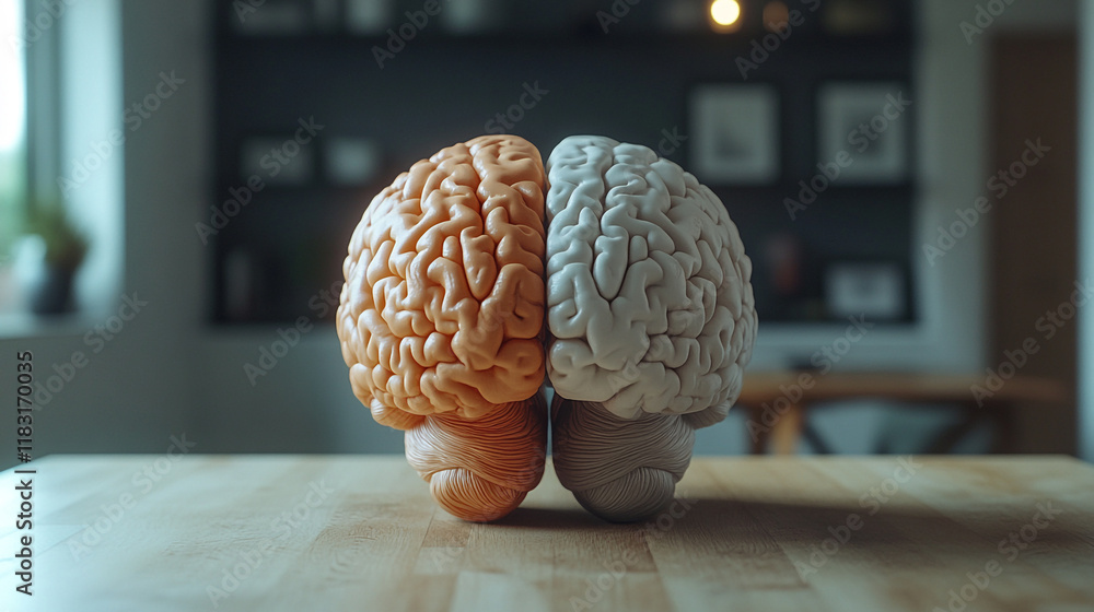 Poster brain model display illustrating cognitive functions and hemispheric differences