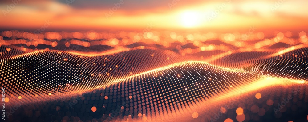Poster dots abstract background idea. abstract digital landscape with glowing waves and sunset in warm oran