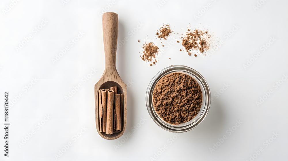 Canvas Prints Cinnamon sticks and ground cinnamon powder in a wooden scoop and glass bowl.  Aromatic spice, perfect for baking and cooking. Top view on white background.