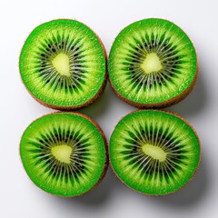 Fototapeta premium A photostock of bright, ripe kiwis sliced in half, showcasing their juicy green interiors, placed on a clean white surface. High Quality