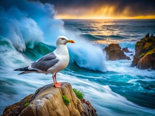 Majestic Seagull on Coastal Rock - Long Exposure Seascape Photography