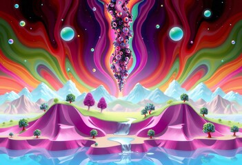 A surreal landscape with a waterfall, a river, and mountains, beneath an abstract colorful sky.