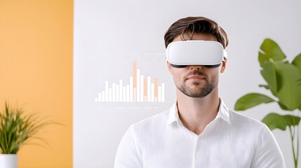 Man Using Virtual Reality Headset with Data Visualization Graphics