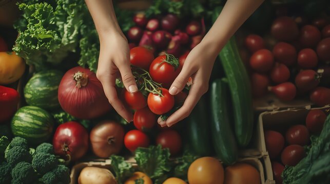 Hands selecting fresh vegetables at market
