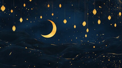 Naklejka premium Golden Lanterns Illuminate Night Sky Over Wavy Hills