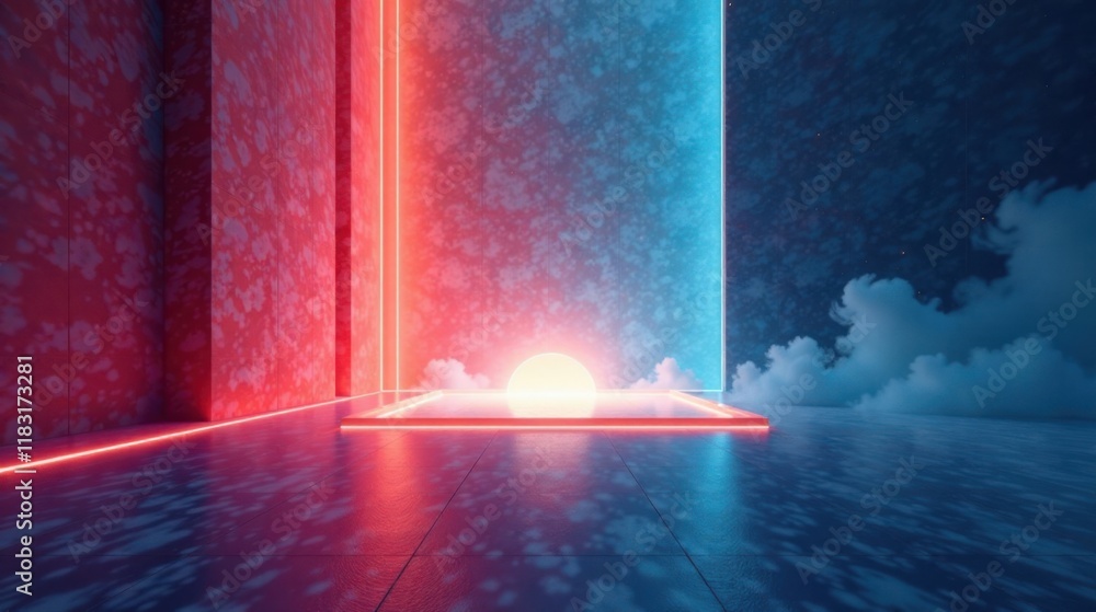 Poster abstract neon lit platform with glowing orb and clouds