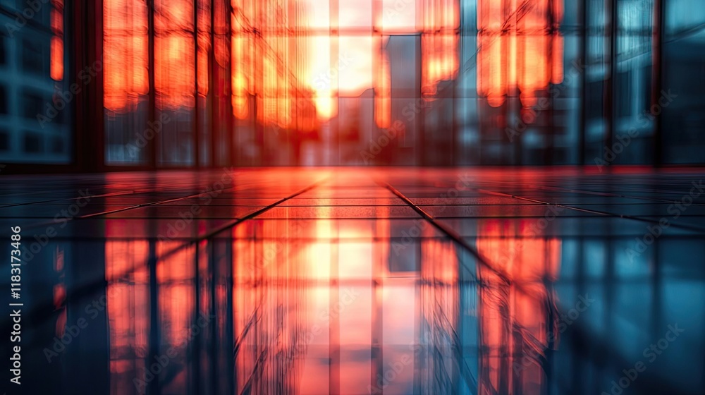 Poster floor abstract background concept. a stunning reflection of sunset light on modern glass windows and