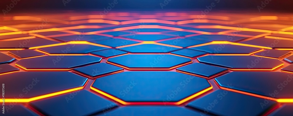 Aufkleber Floor abstract background concept. Vibrant hexagonal pattern featuring glowing edges and a blue backdrop for digital design.