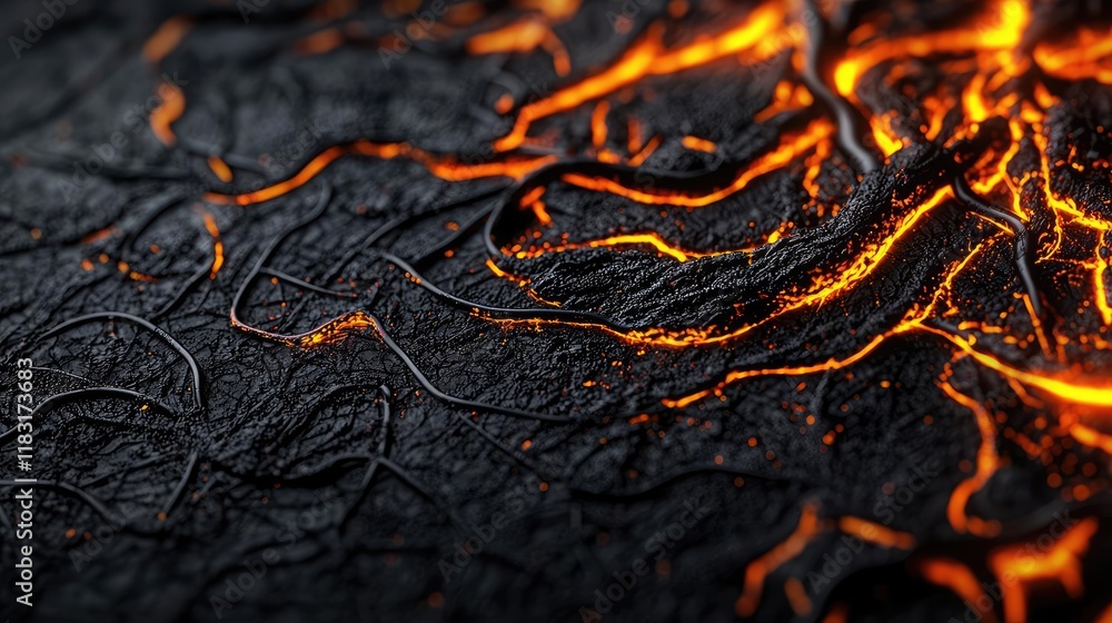 Poster fire abstract background concept. close-up view of molten lava flowing over dark volcanic rock textu