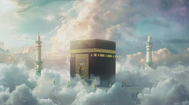 View of sacred religious perspective in Mecca. The kaabah in the Haram mosque with smoke animated
