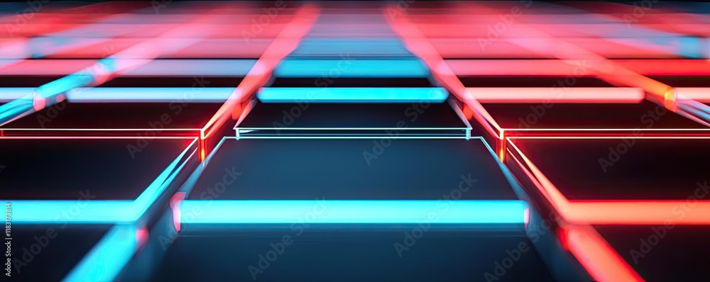 Poster Floor abstract background concept. Colorful glowing grid pattern with neon lights creating a digital atmosphere.