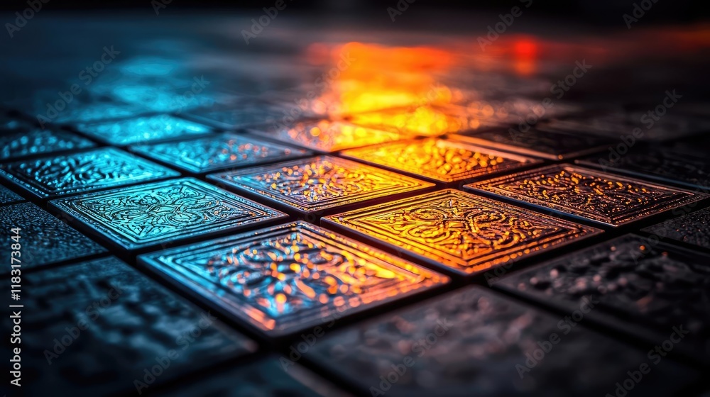 Poster Floor abstract background concept. Intricate patterned tiles glow under soft lighting, creating a captivating ambiance.