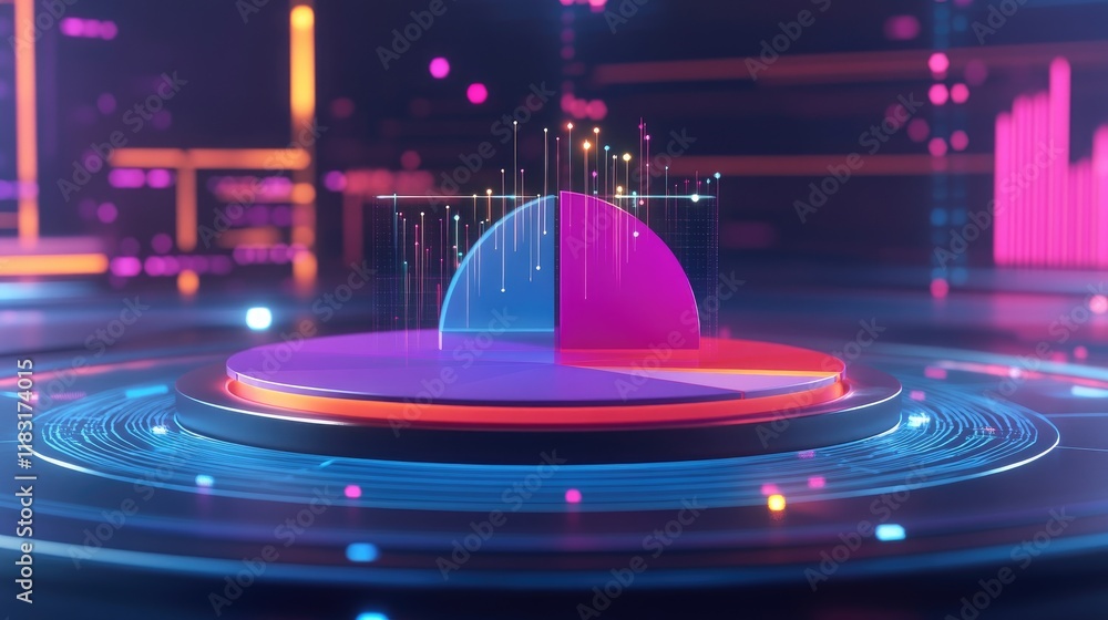 Poster a d pie chart floating in a futuristic virtual space, surrounded by data points and glowing lines.