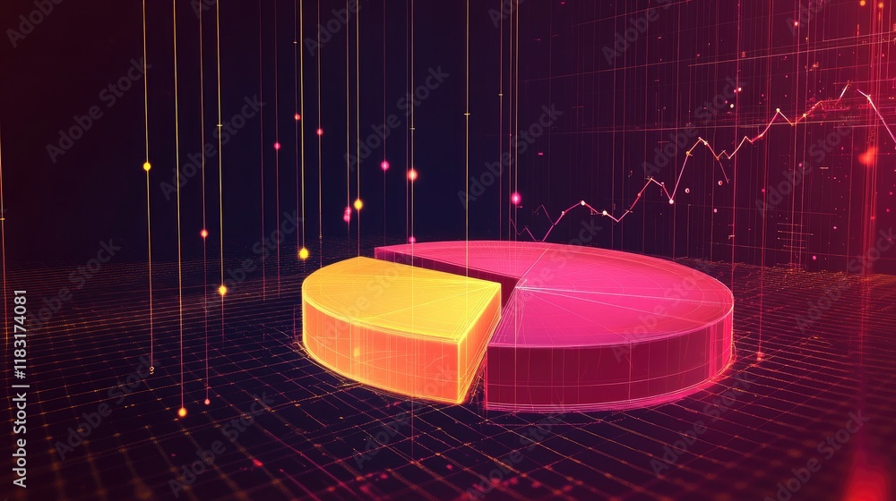 Poster a d pie chart floating in a futuristic virtual space, surrounded by data points and glowing lines.