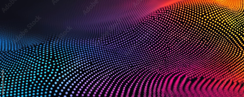 Poster Dots abstract background idea. Abstract colorful wave pattern with dots on a dark background for creative design.