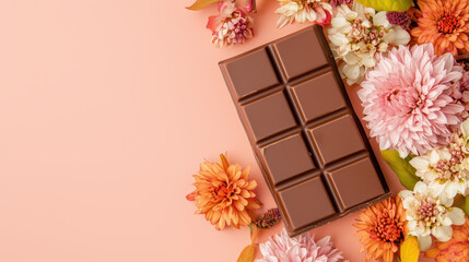 Delicious chocolate bar surrounded by colorful flowers on soft background, creating warm and inviting atmosphere