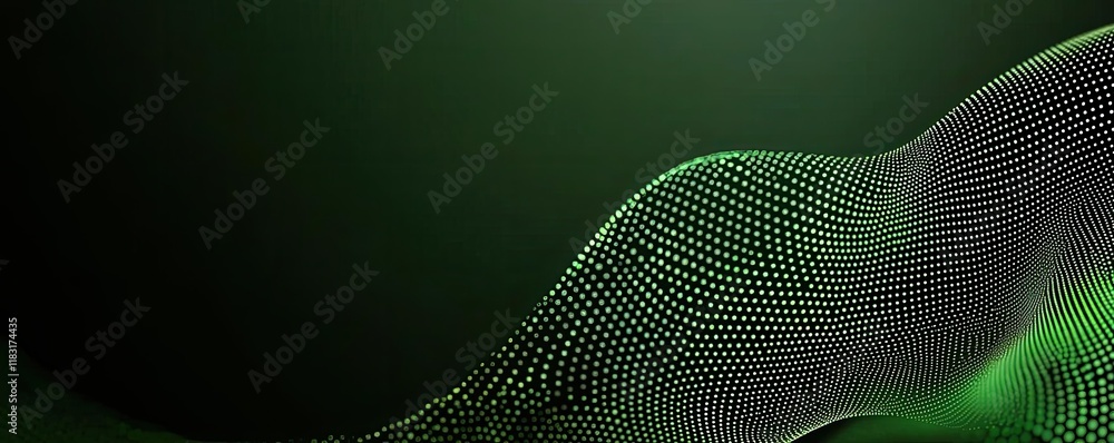Poster Dots abstract background idea. Abstract green wave pattern with dotted texture on a dark background.