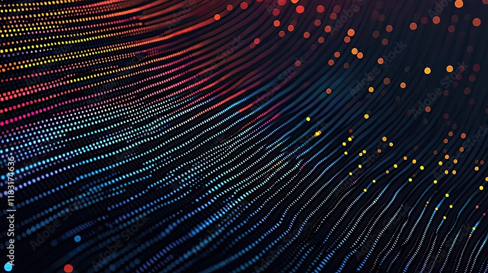 Poster Dots abstract background idea. Abstract digital wave pattern with vibrant colors and light points.