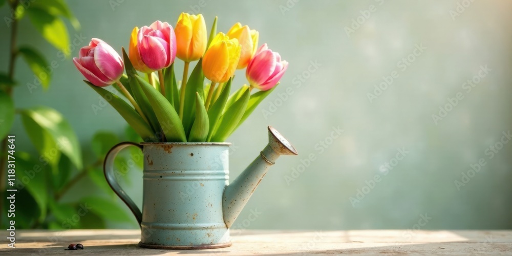 Poster a bouquet of colorful tulips arranged in a rustic watering can on a wooden surface
