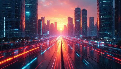 Fototapeta premium Futuristic urban cityscape at sunset with vibrant streaks of light