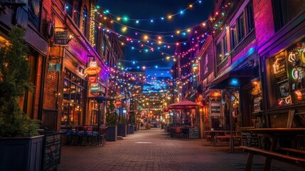 Pastel neon lights in a dark city alley, moody and vibrant 