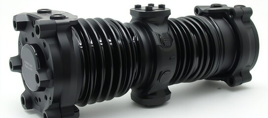 Black industrial bellows coupling, metal, engineering component, machinery part.