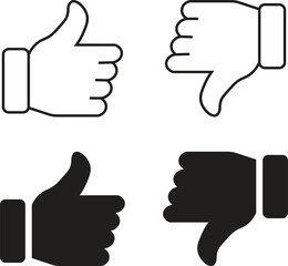 Thumb up and down icon set. Vector like and unlike buttons for website and mobile app. Line flat style. Good and Bad Gesture Button Signs. Social Media Feedback Symbols. Isolated Vector Illustration.