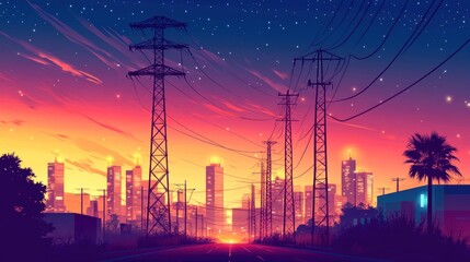 Fototapeta premium Electric poles standing tall against a glowing modern city skyline at night, their lights blending seamlessly with the vibrant urban backdrop