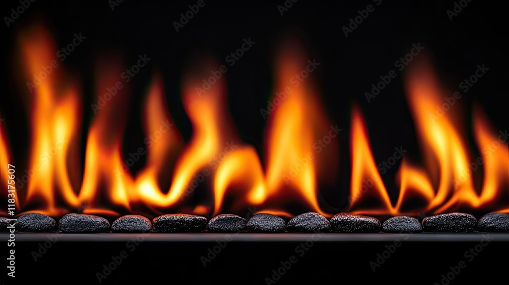 Poster fire abstract background concept. close-up of vibrant flames dancing over smooth stones in a dark se