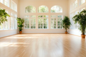 Fototapeta premium Sunlit Room, Hardwood Floor, Large Windows - Minimalist design