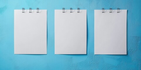 Three white sheets of paper are hanging on a blue wall