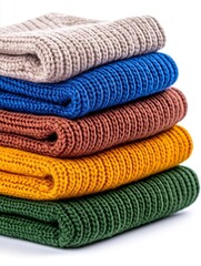 A photostock of soft and cozy sweaters in pastel tones, folded neatly and placed on a clean white background, symbolizing warmth and comfort. High Quality