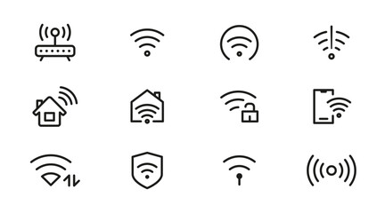 Wireless Wi-fi and network line icon set. Connection, Signal, Website, mobile, Wireless, Communication, Computer outline icon pack. UI thin line icon design