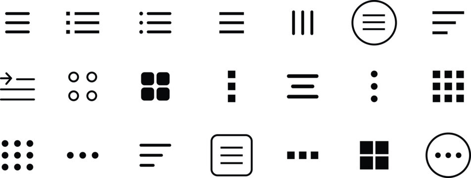 Hamburger web and mobile app menu icon set. Navigation bar with three horizontal bars, squares, dots and ellipsis. Template navigation, Icon, dropdown button web symbol. Vector illustration.