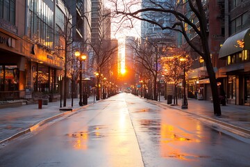 Golden Sunrise City Street, Wet Asphalt - Golden hour photography