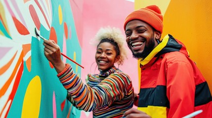 A man and a woman are painting a wall