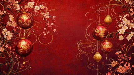 Elegant red banner with ornate corner decorations featuring gold lanterns, cherry blossoms, and swirling patterns for a festive New Year design