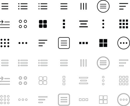 Hamburger web and mobile app menu icon set. Navigation bar with three horizontal bars, squares, dots and ellipsis. Template navigation, Icon, dropdown button web symbol. Vector illustration.