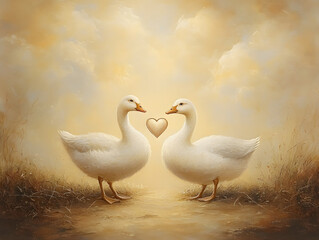 Obraz premium Two elegant white geese stand facing each other, forming heart shape with their necks against soft, dreamy background
